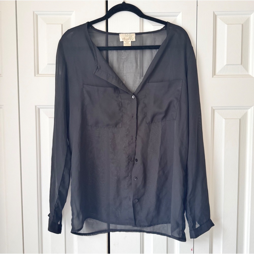 Liberty Love Womens Black Sheer Button Down Long Sleeve V-Neck Blouse Size M